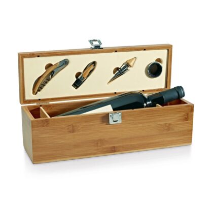 Cutie bambus pentru 1 sticla de vin cu 4 accesorii