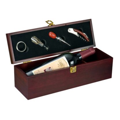 Cutie lemn pentru 1 sticla de vin cu  4 accesorii
