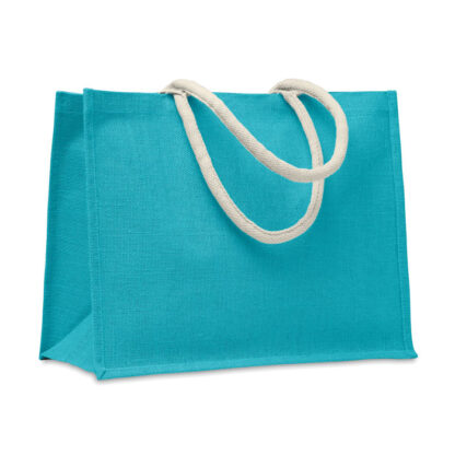 Geanta din iuta, Turquoise cu manere albe