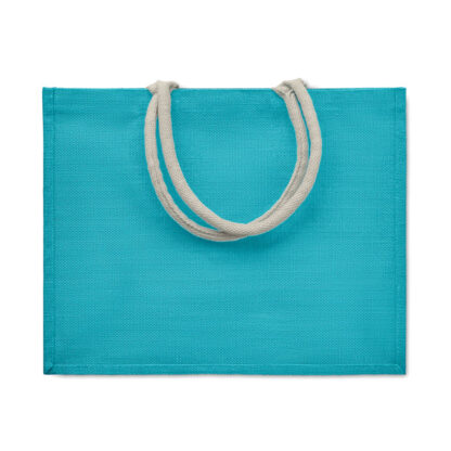 Geanta din iuta, Turquoise cu manere albe - imagine 2