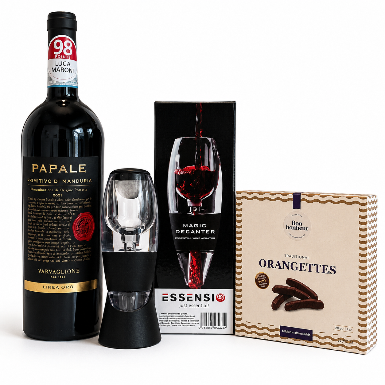 Pachet Papale Primitivo di Manduria + Aerator Vin Rosu Essensio + Orangettes Bon Bonheur