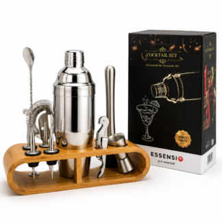 ESSENSIO, Set Cocktail 12 Piese din Inox cu Suport din Bambus + Carte cu 10 Retete de Cocktailuri