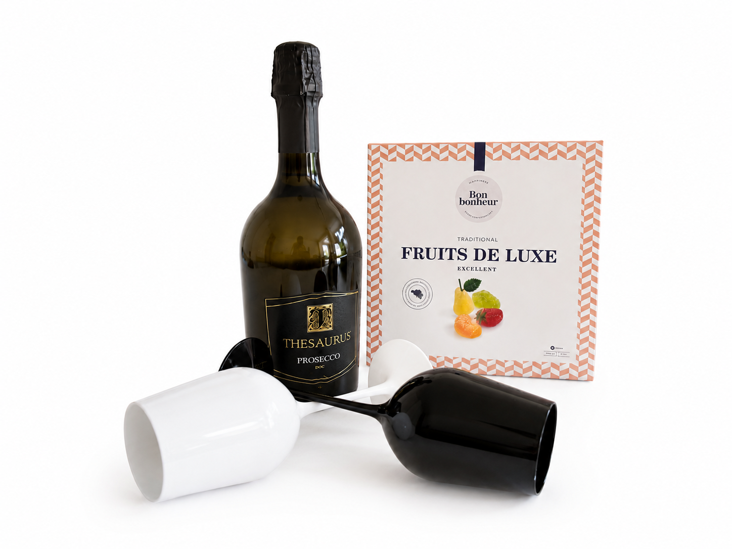Pachet Cadou Thesaurus Prosecco & Fruits de Luxe cu 2 Pahare de plastic elegante