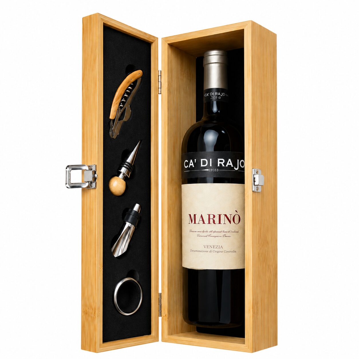 Pachet cadou Ca' di Rajo Marino în cutie de bambus cu accesorii pentru vin