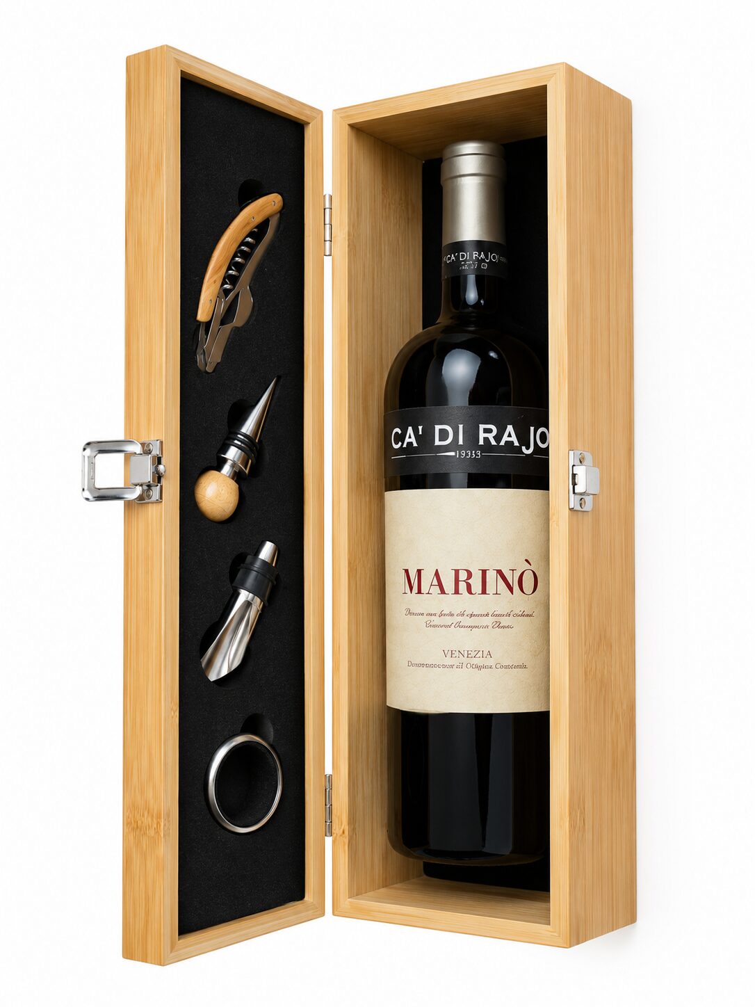 Pachet cadou Ca' di Rajo Marino în cutie de bambus cu accesorii pentru vin