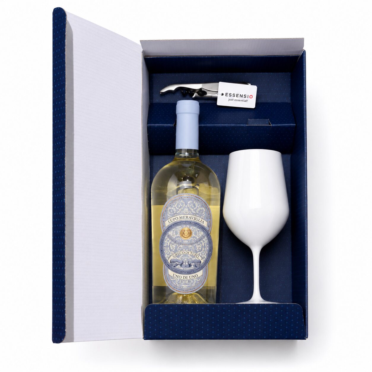 Pachet cadou Lupo Meraviglia Vermentino cu pahar și tirbușon Essensio
