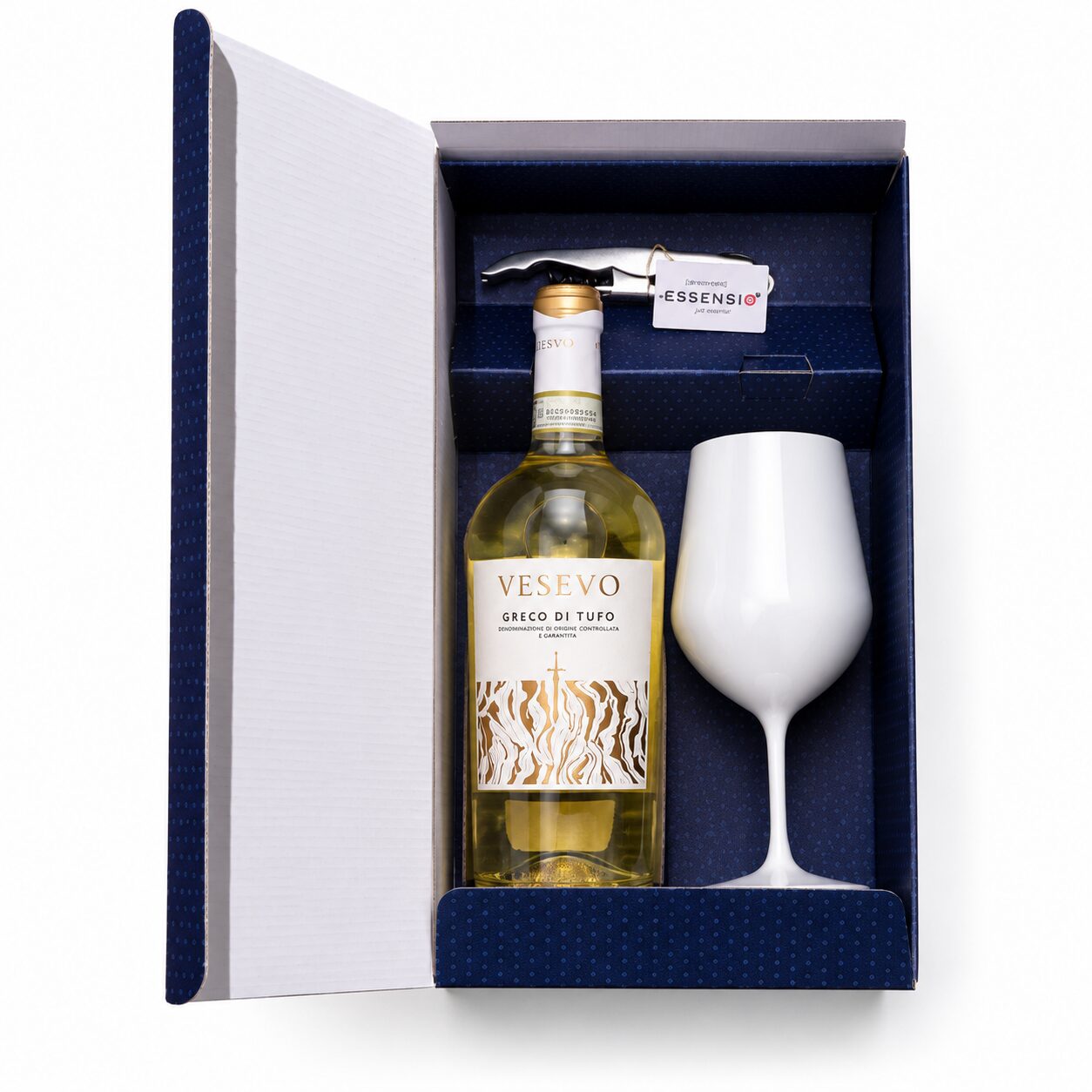 Pachet cadou Vesevo Greco di Tufo cu pahar și tirbușon Essensio